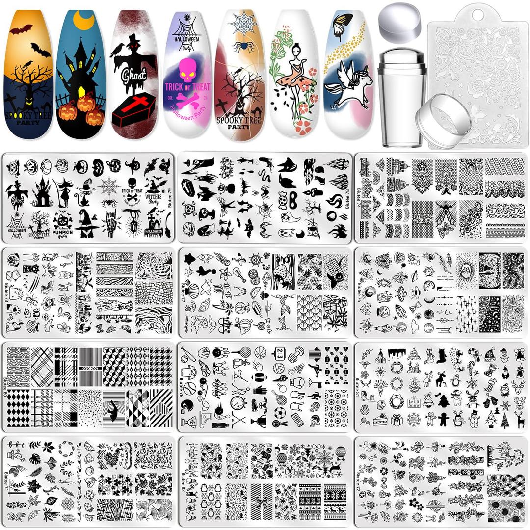 Biutee Nail Stamping Plate Set 12Pcs Nail Art Stamping Plates Nail Stamping Kit Nail Stamper Kit Flower Leaves Animal Lace Star Halloween Christmas Design Nail Stamp Plate (15PCS)