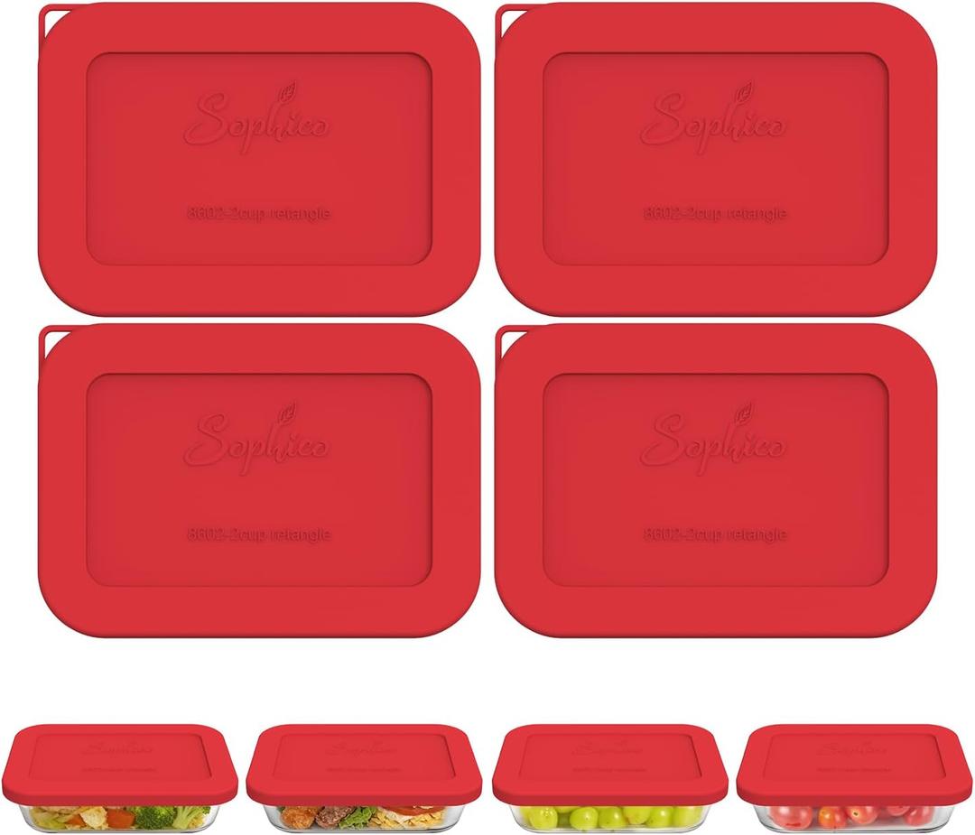 Sophico Silicone Storage Lids Cover Replacement for Pyrex Fresh lock and SNAPWARE 2CUP(8602), Rectangle Glass Bowls Containers Set, Airtight Lids, 4 Pack