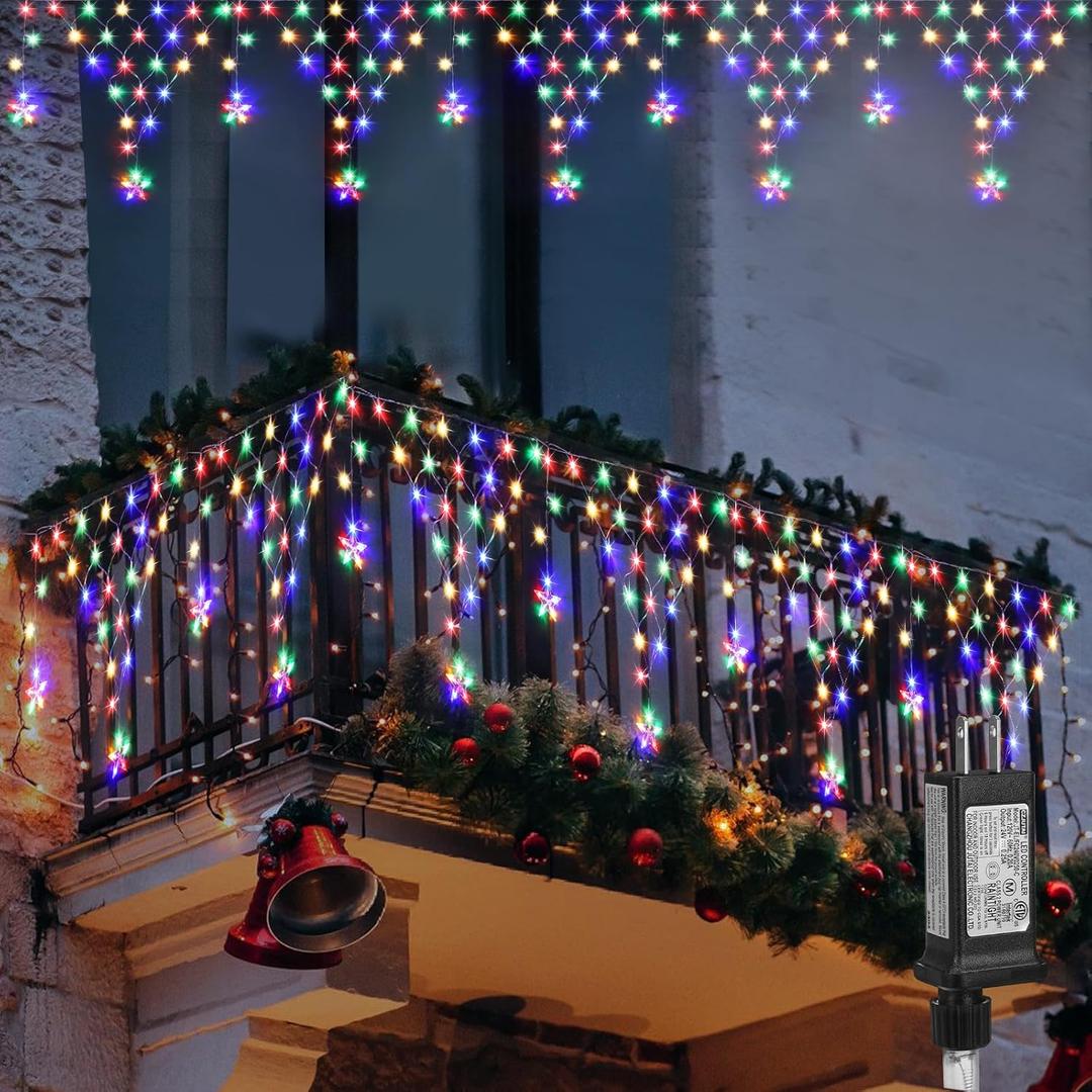 MINIAO Christmas Lights Outdoor Decorations 218 LED 13.8ft Curtain Fairy Lights with 12 Drops, LED String Light Decor with 8 Modes for Party Holiday Christmas Home Indoor Outdoor Decor Star Multicolor