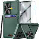 for Samsung Galaxy S24 Ultra Case with Card Holder Slide Camera Lens Protection & Kickstand, Rugged Silicone Military Grade Shockproof Heavy Duty Cover for Samsung S24 Ultra 5G 2024 Phone Case (Green)