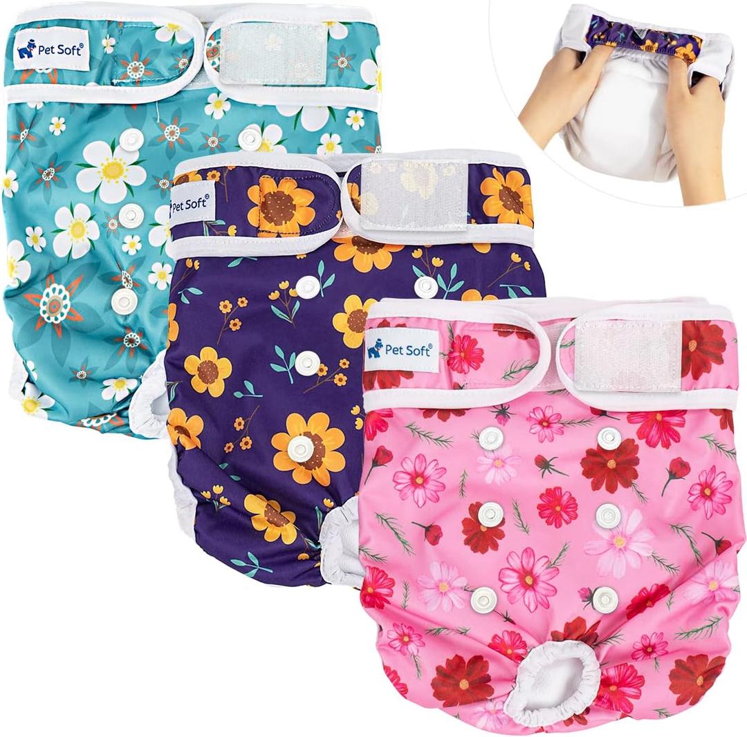 Pet Soft Washable Female Diapers (3 Pack) Female Dog Diapers, Comfort Reusable Doggy Diaper for Girl Dog in Period Heat (Cute Flower, L) 