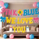 2 x "PINK OR BLUE WE LOVE YOU" Baby Shower Decorations Gender Reveal Banner with Bow, Bottle & Footprints, Neutral Themed Welcome Baby Party Decor Paper Banner Kit