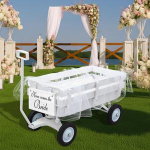 4 Pcs All-Terrain Wedding Wagon Set Includes 39x17x32 Inch Heavy Duty White Flower Girls Wagon Cart Here Comes The Bride Sign White Tulle Plush Pad for Wedding Reception