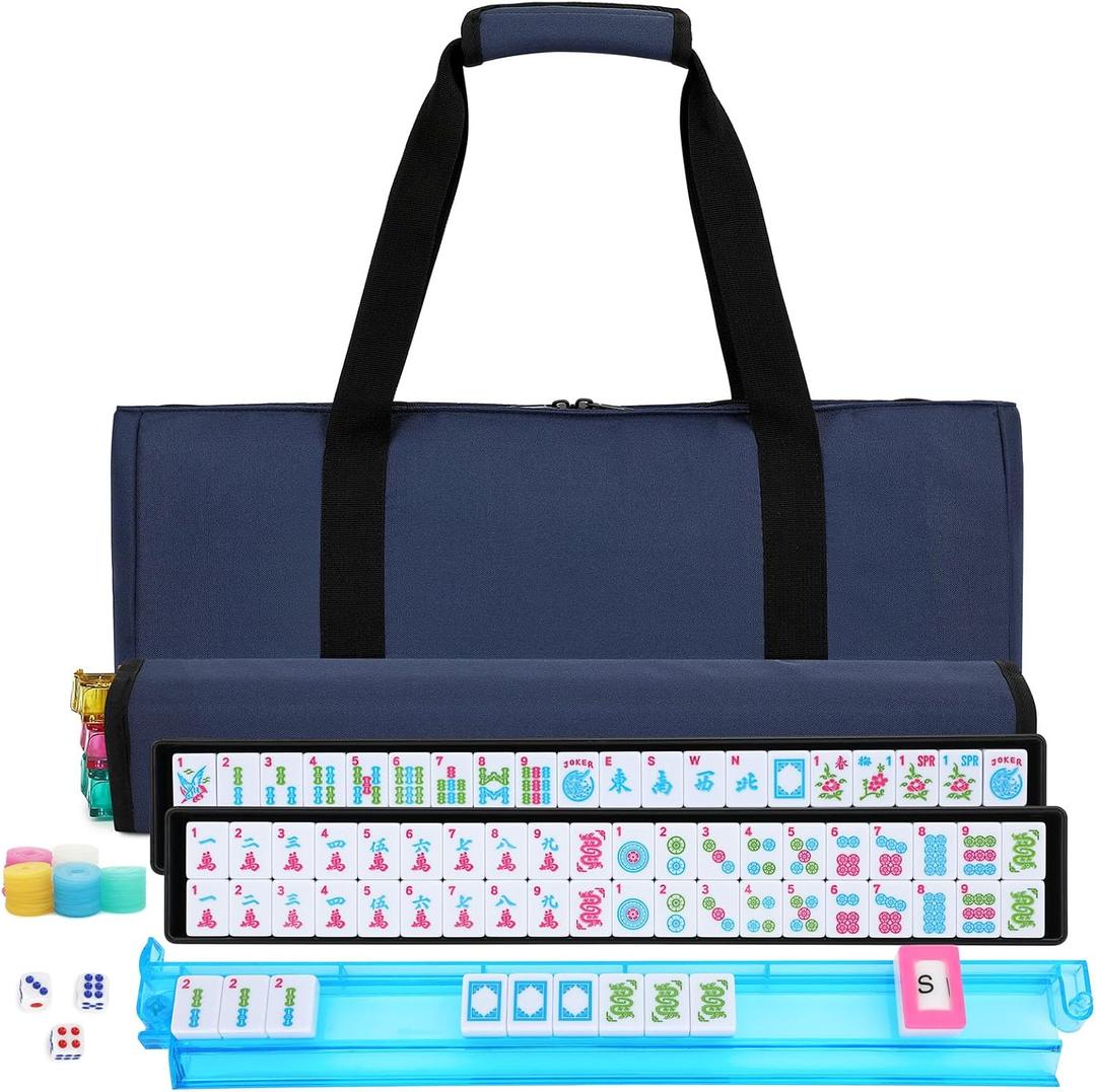 American Mahjong Tile Set,166 Blue Tiles Mahjong Set,4 Colors Mahjong Racks,Travel Mahjong Set with Blue Carrying Bag