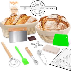Large Sourdough Bread Baking Supplies, 10 Inch Round &12 Oval Banneton Bread Proofing Basket, Sourdough Starter Kit for Making Baking Fermentation