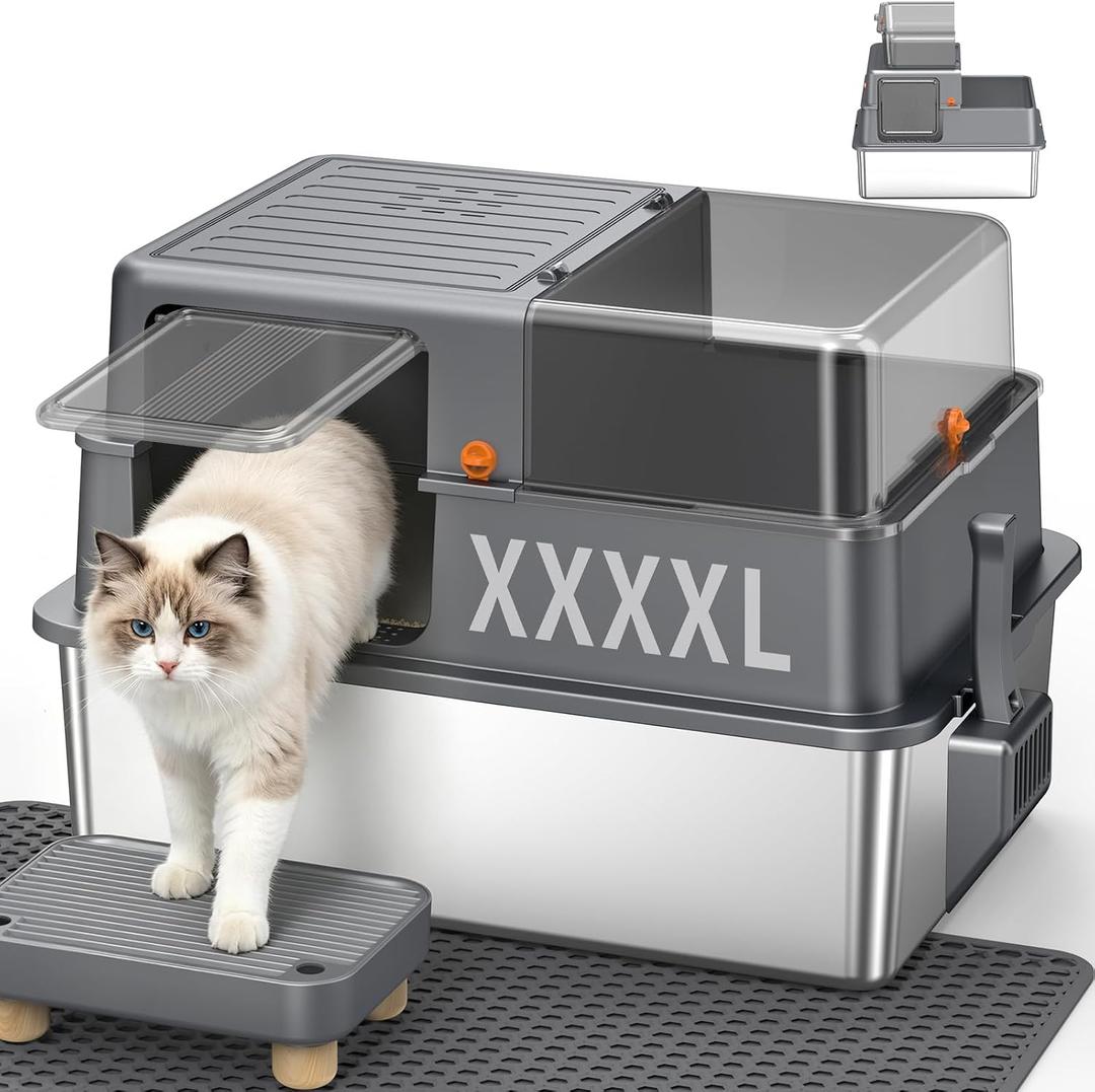 XXXXL Stainless Steel Litter Box with Lid，28.3" L x 20.2" W x 19.3" H