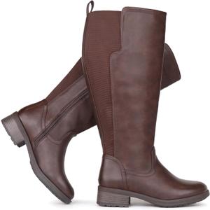 Women's Extra Wide Calf Knee High Boots with Side Zipper and Stretch Panel (6, Brown)