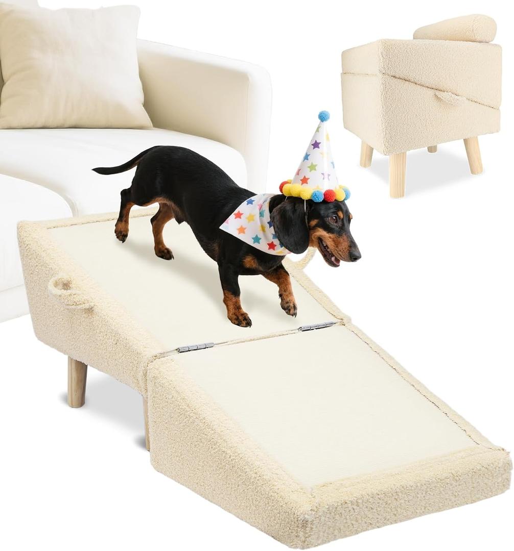 Dog Stairs for Small Dogs and Cats  2-in-1 Dog Ramp for Couch and Low Bed, 16.5'' Foldable Wooden Pet Ramp, Sturdy Multi-Use Split Ottoman Design, Beige