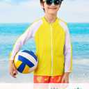 Boys Two Piece Swim Set Zipper Rash Guard Swimsuits Long Sleeve Bathing Suit for 4-12 Years (7-8 Years, Yellow Banana)