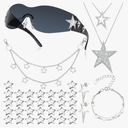 Y2k Accessories Set Included Star Y2k Silver Necklace Grunge Layered Necklace Y2K Sunglasses Star Hair Clip Y2k Silver Hair Clips Keychain Hip Hop Pants Chain Vintage Jewelry Set for Women, Starry Style