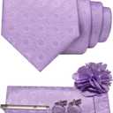 JEMYGINS Mens Tie and Lapel Pin Necktie Pocket Square Cufflinks and Tie Clip Sets for Business Casual 5PCS (Lavender)