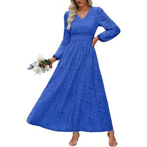 Women's Long Puff Sleeve Floral Maxi Dress V Neck Lace Eyelet Hollow Out A Line Flowy Boho Spring Wedding Guest Party Dresses, M