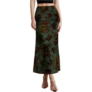 Women's Floral Print Maxi Skirt High Waisted Bodycon Y2k Ruched Fishtail Vintage Fall Skirts (Army Green, M)