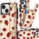 Petitian for iPhone 15 Case with Wallet - Women Girls Cute Girly Aesthetic Unique Design with Leather Credit Card Holder Cardholder Stand Wristband for Apple 15, Strawberry