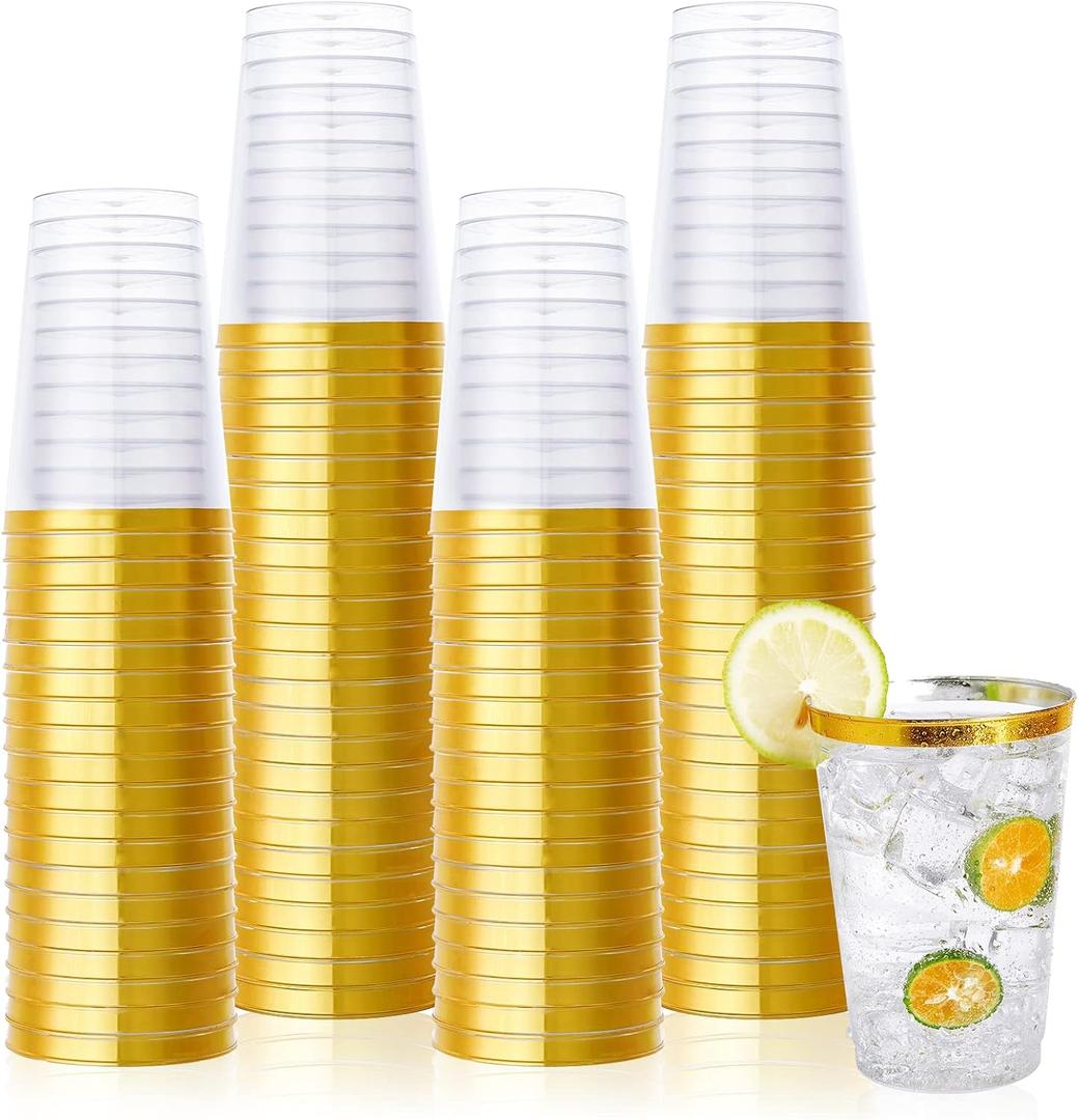 Vplus 150 Pack 12 OZ Reusable Gold Rimmed Clear Plastic Cups, Disposable Heavy Duty Plastic Cups Perfect for Party Christmas Wedding (EXP 01/01/30)