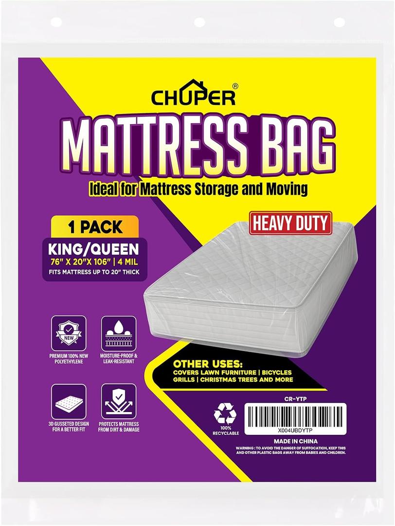 Cal King, King & Queen Mattress Bag for Moving and Storage, 4 Mil Oversized Extra Long Extra Thick Tear-Resistant Clear Mattress Cover, Up to 20” Thick, 76” x 106” x 20”, 1 Pack