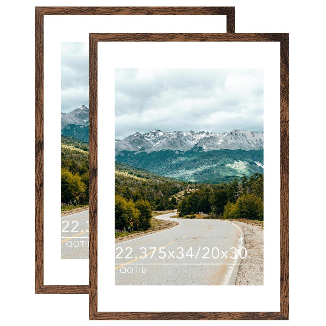 QOTIB Wood 22.375x34 Picture Frame with 20x30 Mat, Display 20x30 with Mat or 22.375x34 Without Mat, Wood 22.375 by 34 Photo Frame, 22.375 x 34 Frame for Wall Hanging Display, Deep Brown