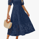 ZESICA Women's 2025 Summer Short Puff Sleeve Crewneck Smocked Floral Lace Flowy A Line Tiered Maxi Dresses Size XL