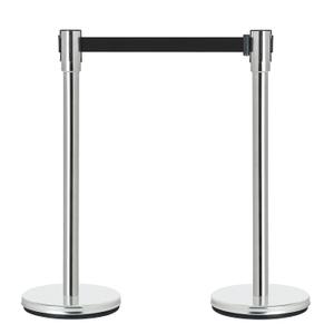 DuraSteel Crowd Control Barriers Line Dividers - Silver Stanchion Stainless Steel Posts with 6.5ft Black Retractable Belt Ropes - for Store Queues, Airport Lines, Event Entries - 2 Set/Pack