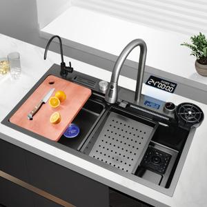 Dish Tub for Kitchen Sink with Sink Strainer and Multiple Accessories, Drop In kitchen Sinks Topmount 29.5inch, Black Stainless Steel Single Bowl with LED TEMP Display (Black, 31.5 * 17.7inch) (Black 5)
