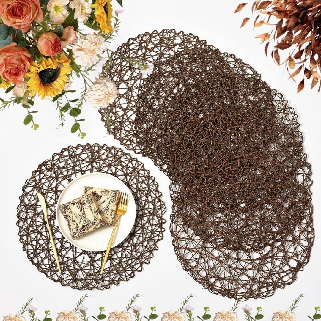 IcosaMro Brown Round Placemats Set of 6 for Dining Table, 15 Inch Paper Woven Boho Decorative Tan Circle Place Mat for Wedding Christmas Thanksgiving Day Holiday Dinner, Tan Brown
