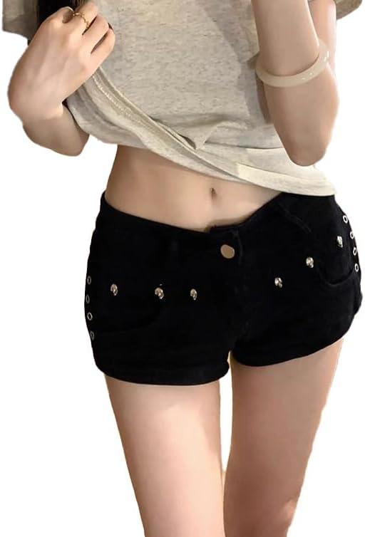 Y2k Summer Women Low Rise Denim Shorts Harajuku Jean Hot Pants Gothic Vintage Casual Streetwear (Black, M)