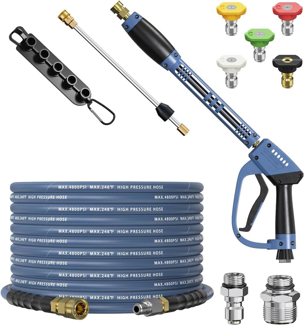 Pressure Washer Gun and Hose Kit, 4800PSI Steel-Braided & Durable - Flexible & Kink-Resistant Power Washer Hose 25 FT with 3/8" Swivel Quick Connector and M22 14mm Adapters Replacement