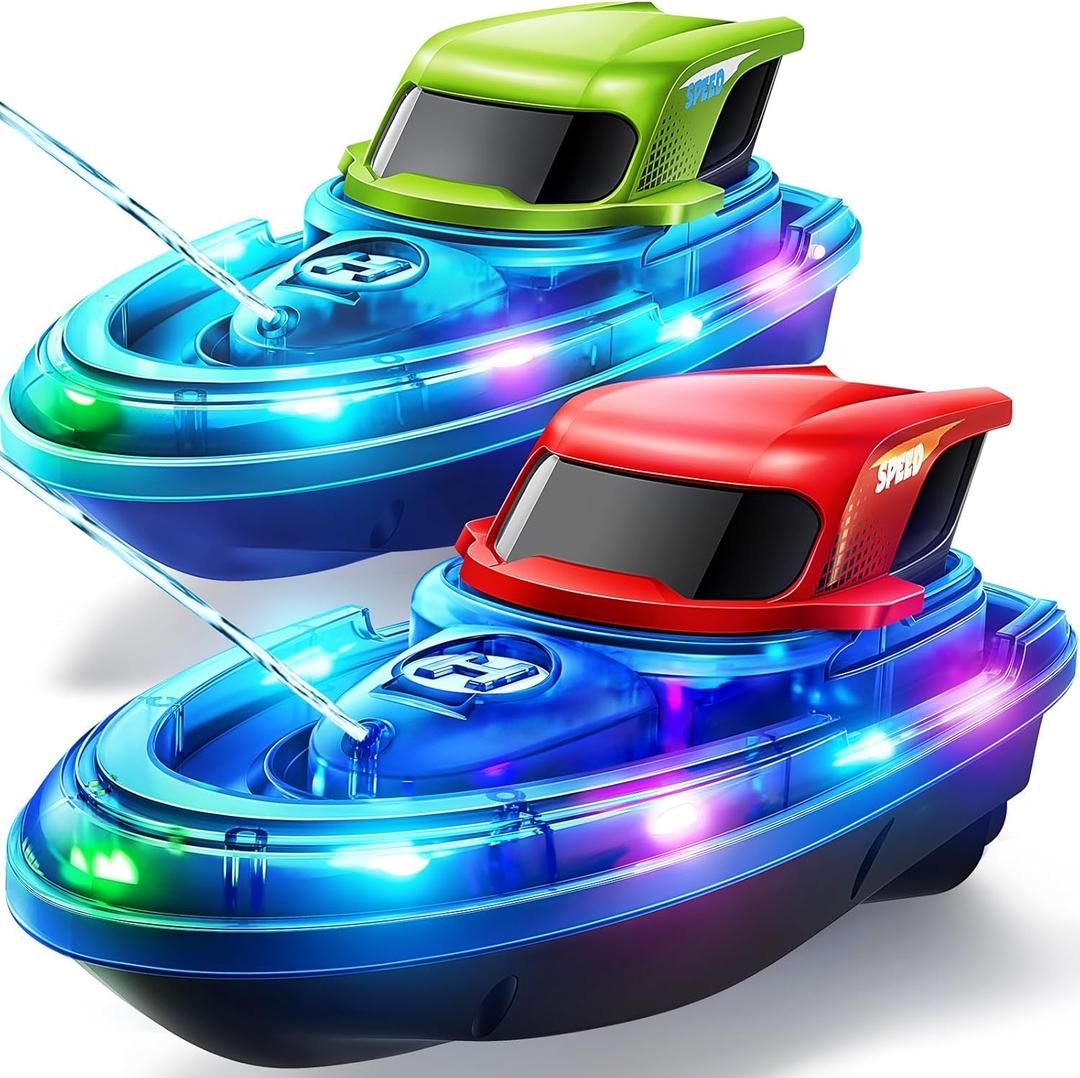 SYMA RC Boats 2 Pack for Kids 8-12, Remote Control Boat for Pool with LED Lights, 40 Mins Playtime (2 Batteries) & One-Key Water Spray, Summer Gifts Toys for Boys and Girls