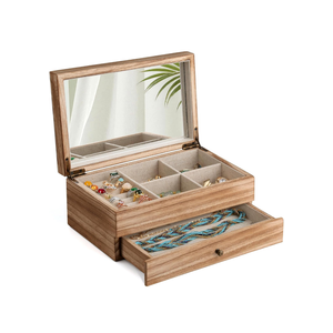 Meangood Jewelry Box Organizer for Women, 2 Layer Large Jewelry Storage Case, Rustic Wooden Jewelry Box with Mirror & Ring Tray for Necklace Earring Bracelets Rings, Vintage Style (Torched Wood)