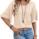 Womens Blouses Ruffle Sleeve Top V Neck Shirts Casual Outfit Bell Sleeve Cute Tee Spring Fall Summer Fashion Clothes (Medium, Apricot)