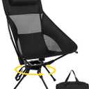 Swivel Portable Camping Chair, High Back Folding Chair with Detachable Pillow, Compact Lightweight Backpacking Chair for Outdoor, Travel, Beach, Hiking, Support 330 LBS, 1 Pack Black