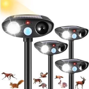 2025 4Pack Deer Repellent Device Ultrasonic Animal Repellent Cat Deterrent Outdoor Solar Animal Repeller with Motion Sensor&LED Strobe Light to Scare Squirrel Raccoon Skunk Rabbit Deterrent for Yard