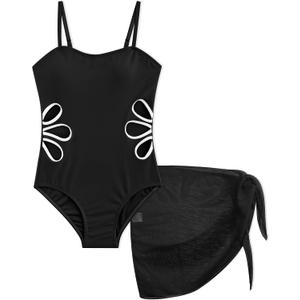 Girls Swimsuit Cut Out Petal One Piece Bathing Suit Adjustable Straps Quick Dry Swimwear with Cover Up Skirt, 13-14Y