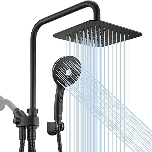 Ryamen Dual Shower Head Combo, 8'' High Pressure Rain Shower Head with Handheld Spray, 6 Settings Handheld Showerhead, 15" Height Adjustable Slide Bar, Angle Adjustable, Matte Black