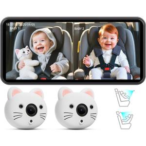 IIWEY Baby Car Camera for 2 Kids  7.2 Ultrawide Split-Screen Monitor with Dual 1080P HD Car Seat Cameras, Cute Replaceable Cat Covers, Night Vision, Type-C Power, Easy Install for Twins or Siblings