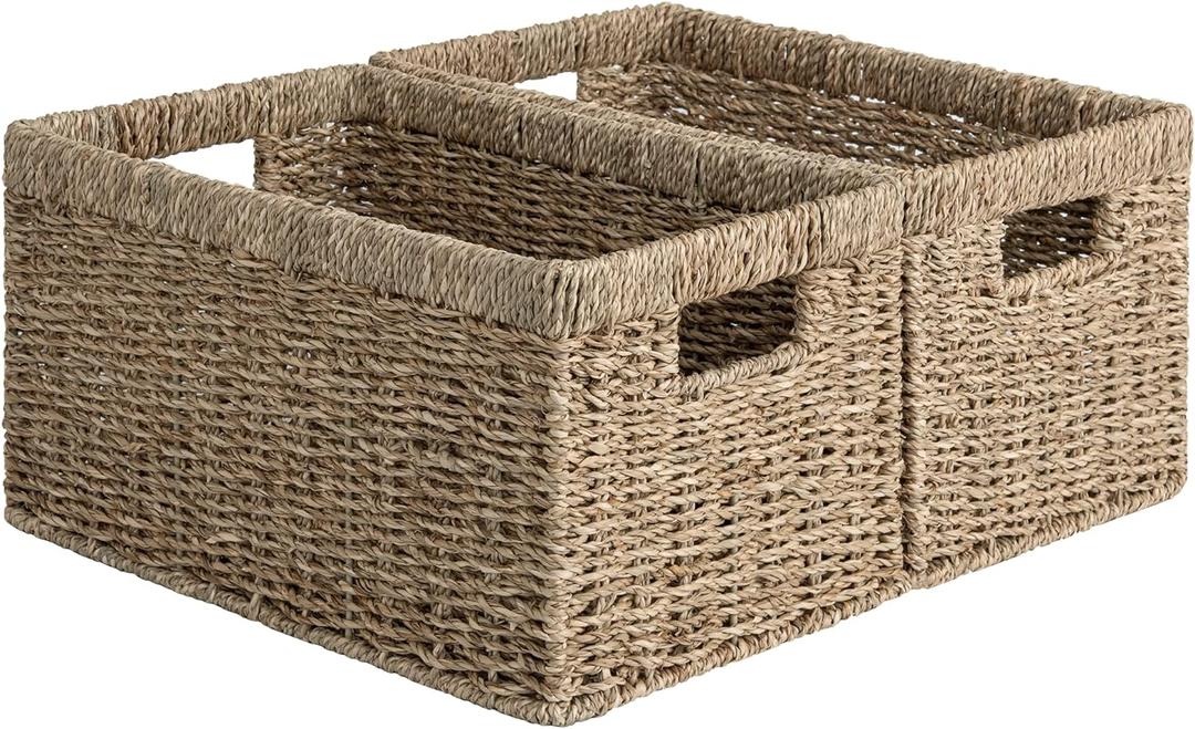StorageWorks Wicker Storage Basket for Organizing, Medium Seagrass Storage Baskets with Built-in Handles for Pantry, Shelves,2-Pack (13"D x 8"W x 7"H)