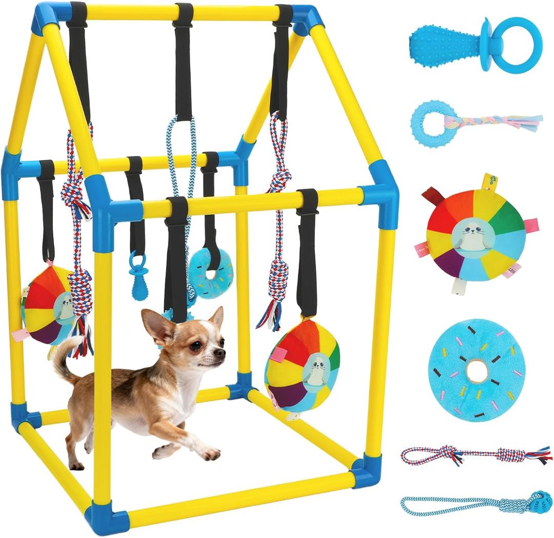 Puppy Play Gym with Hanging Toys, Dog Indoor Jungle Gym as Activities Center for Puppies, PVC Frame with 8 Enrichment Toys for Small Dogs Kitten and Other Pets