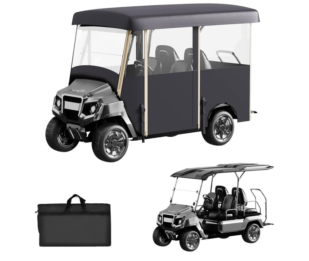 Golf Cart Cover Enclosure 4&6 Passenger, Golf Cart Cover for Yamaha Club Car EZGO, Waterproof 600D Oxford Rain Cover, Transparent Tail Light Panel, Foldable Door,4-Sided Clear Windows