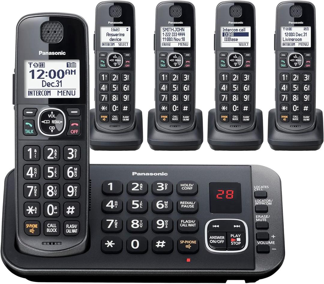 Panasonic DECT 6.0 Expandable System, Cordless Phones With Answering Machine and Call Blocking - 5 Cordless Phones 5 Handsets - KX-TGE645M (Metallic Black)
