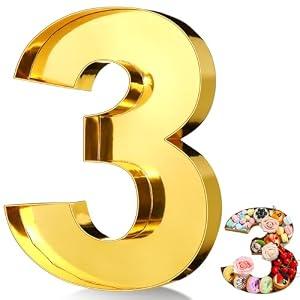 Mifoci 13.7" 2025 Graduation Cardboard Number for Charcuterie Photo Booth Props Birthday Party Anniversary Fillable Paper Mache Chocolate Candy Cupcake Gifts(Gold, Number 3)