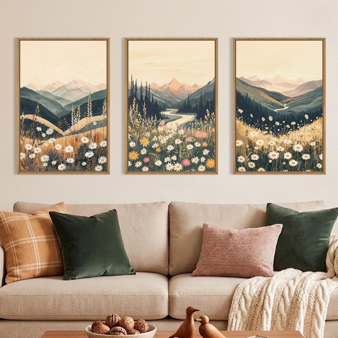 Large Boho Wildflower Framed Canvas Wall Art,Vintage Mountain Wall Decor,Nature Floral Prints,Rustic Daisy Landscape Artwork for Living Room,Bedroom,Dining Room -24"x36"x3
