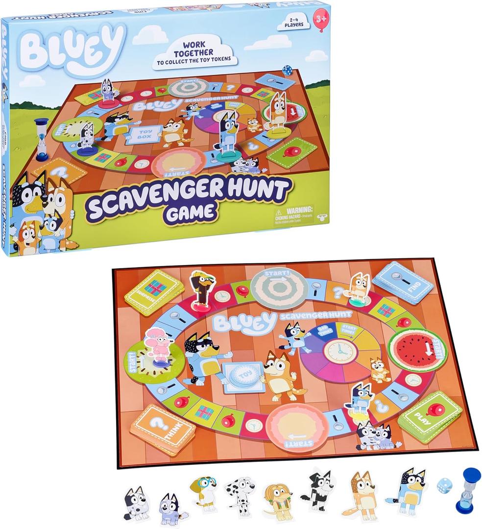 Bluey Scavenger Hunt Board Game, Cooperative Play with 4 Exclusive Mini-Figures, Indoor Games for Kids Ages 5+, Fun Toy Token Collecting Game