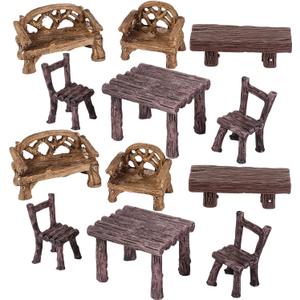 Skylety 12 Pieces Garden Furniture Ornaments Miniature Table and Chairs Set Village Micro Resin Bench Chair for Dollhouse Accessories Home Micro Landscape (Vintage Style)