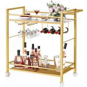Bar Cart,Home Bar Serving Cart with Storage Shelves, 2 Tier Rolling Beverage Cart with Wheels, Modern Wine Cart with Wine Rack and Glass Holder for Kitchen, Living Room,Dinning Room,Gold