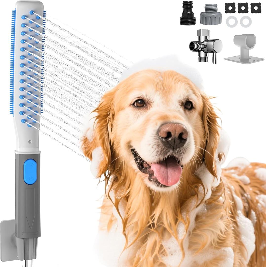 Dog Shower Attachment, Dog Washing Hose Attachment with Metal T-Diverter, Dog Bathing Supplies with 3 Spray Modes & One-Button ON/OFF Indoor and Outdoor Sprayer 8-Foot Hose (Blue)
