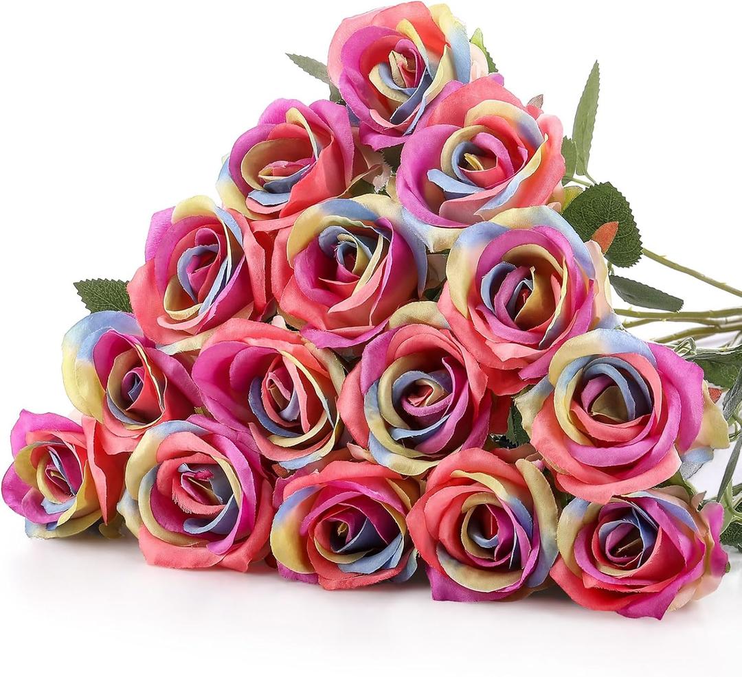 Hotop 20 Pcs Artificial Rose Flowers with Long Stem,Real Touch Silk Realistic Plastic Bouquet Roses Bulk for Home Decor Bridal Wedding Party Table Centerpieces Decorations(Rainbow)