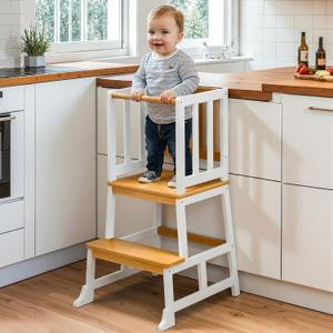 COSYLAND Toddler Kitchen Stool Helper  Stable A-Frame Design Kids Kitchen Step Stool with Protective Crossbar  Wooden Toddler Standing Tower for Learning in Bathroom (White & Natural)