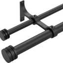 Double Curtain Rods with Aluminum End Cap and Full Enclosure Brackets, 1- Inch Front and 5/8 Inch Back Window Rod, Dual Drapery Rods Adjustable from 72 to 144 Inches (6-12 Feet), Matte Black
