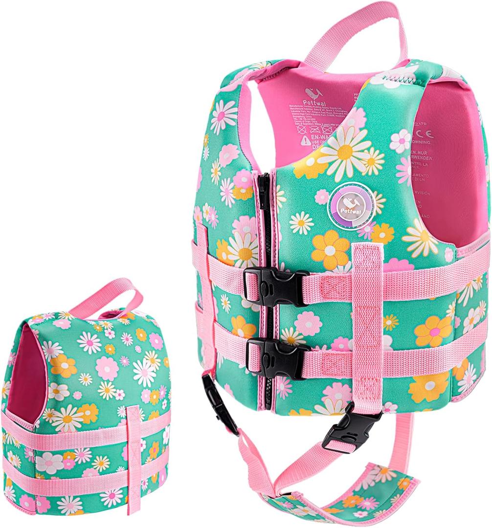 Pottwal Swim Vest for Kids - Swim Jacket - Made of Neoprene & EPE - with Adjustable Crotch Strap (Small, Green Flowers)