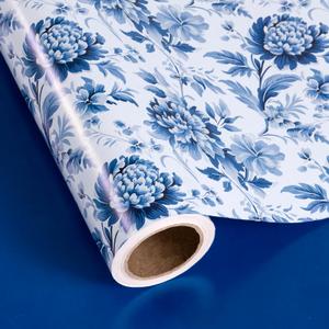 WRAPAHOLIC Reversible Blue Floral Wrapping Paper Roll - Mini Roll - 17 Inch x 16.5 Feet - Blue and White Chinoiserie Wrapping Paper for Wedding, Bridal Shower, Birthday, Baby Shower